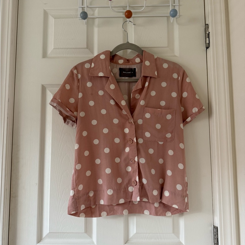 Reformation Pink and White Polka Dot Blouse
